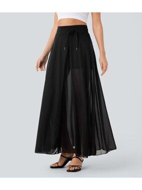 Halara High Waisted Drawstring Mesh 2-in-1 Pocket Maxi Flare Casual Skirt Sz S N